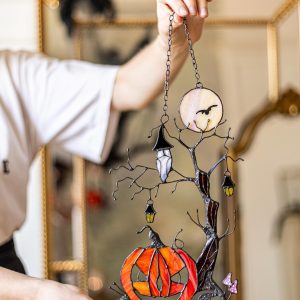 Pumpkin Mystical Tree Stained Glass Horror Picture Home Decor Halloween Spooky Owl Window Wall Hanging Witch gift.