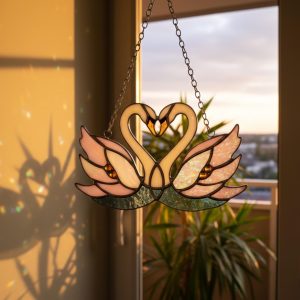 Swan Stained Glass Suncatcher, Handmade Stained Glass Ornament, Gift for Couple, Plant Home Decor
