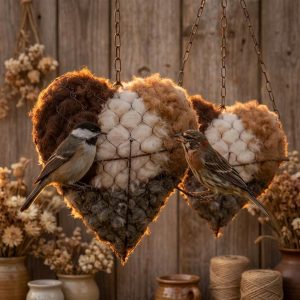 Bird Nesting Heart Handmade Fiber, Refillable Winter Bird Haven, Hanging Garden Decor, Gift for Bird Lovers